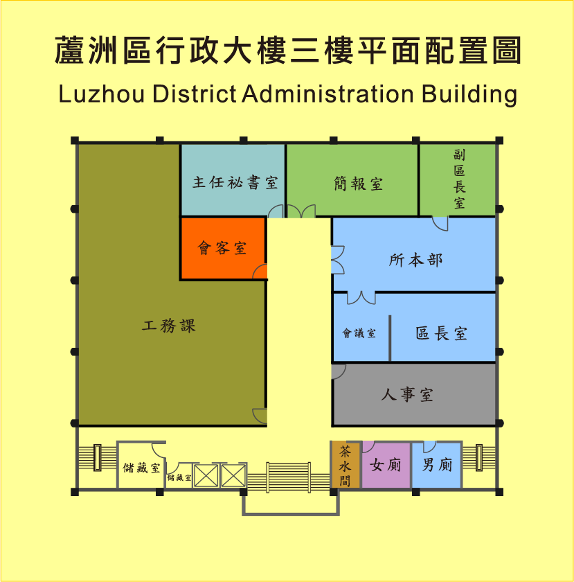 蘆洲區行政大樓三樓平面配置圖，本樓層有所本部、區長室、副區長室、主任秘書室、工務課、人事室、簡報室、會客室